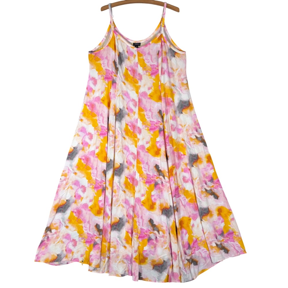 Torrid Pink Yellow Watercolor Abstract Rayon Cami Maxi Dress Size 2 2X Bohemian